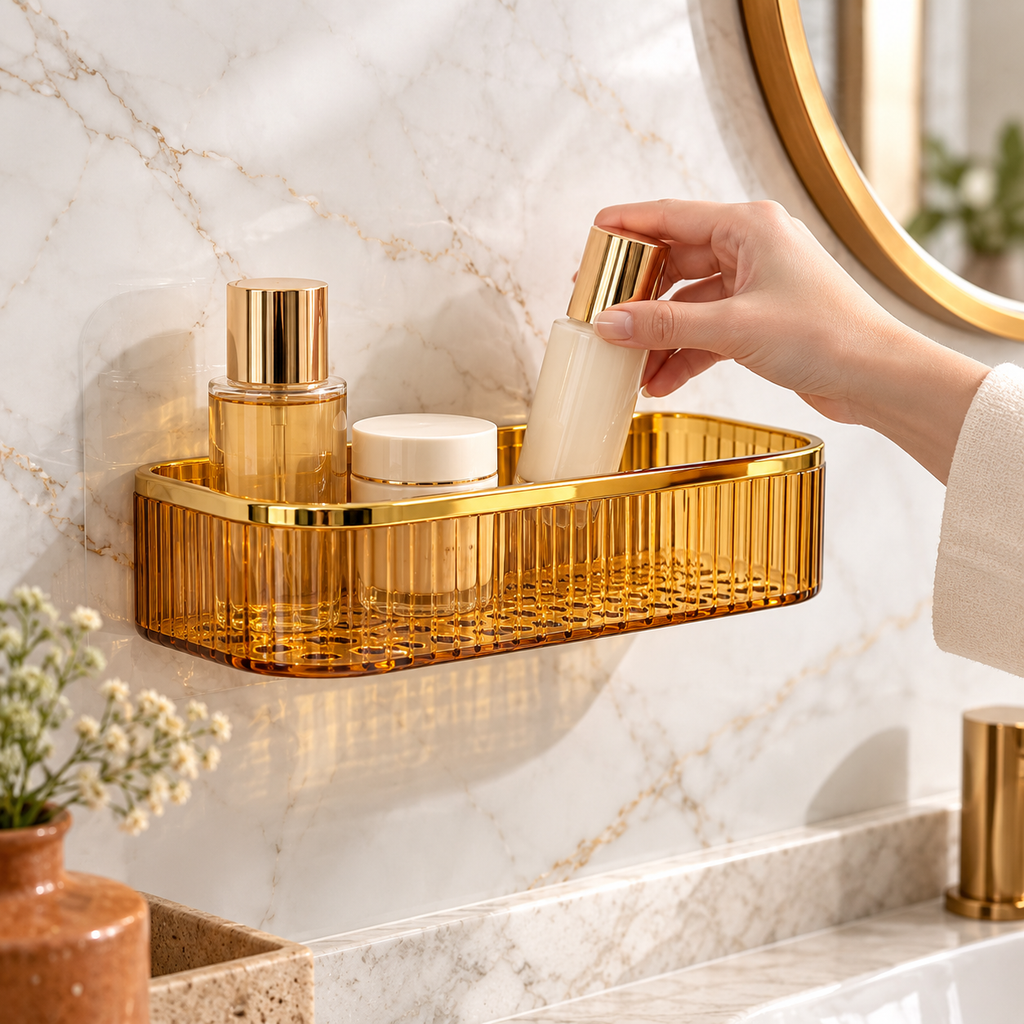 1pc Plastic Multipurpose Wall Mount Paste Style Bathroom Shelf for Storing