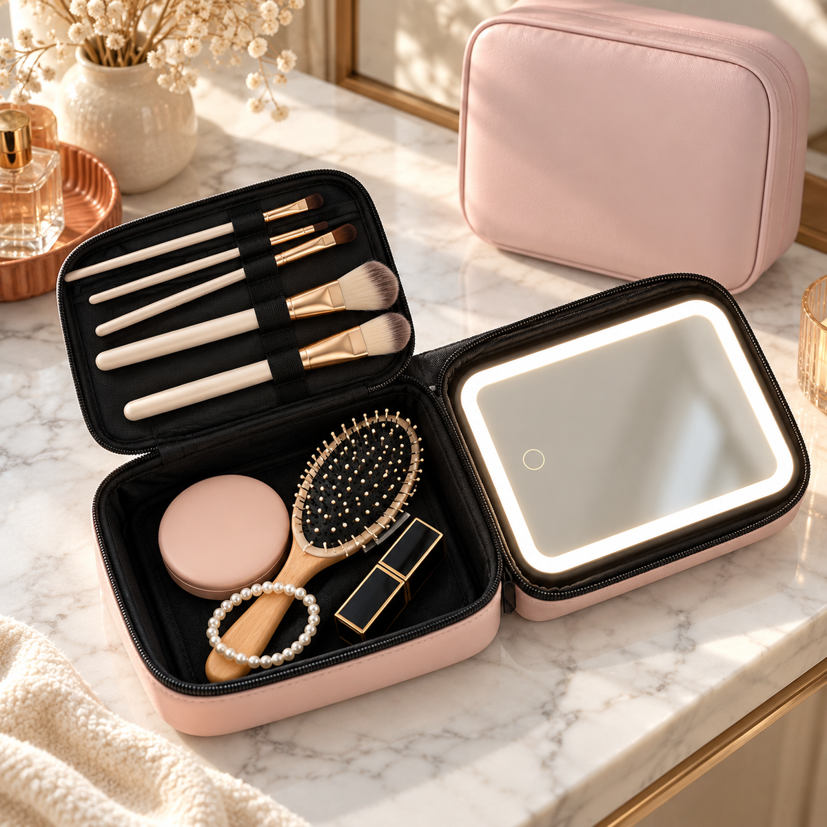 LED Cosmetics Bag Fashion Portable Foldable with Mirror PU