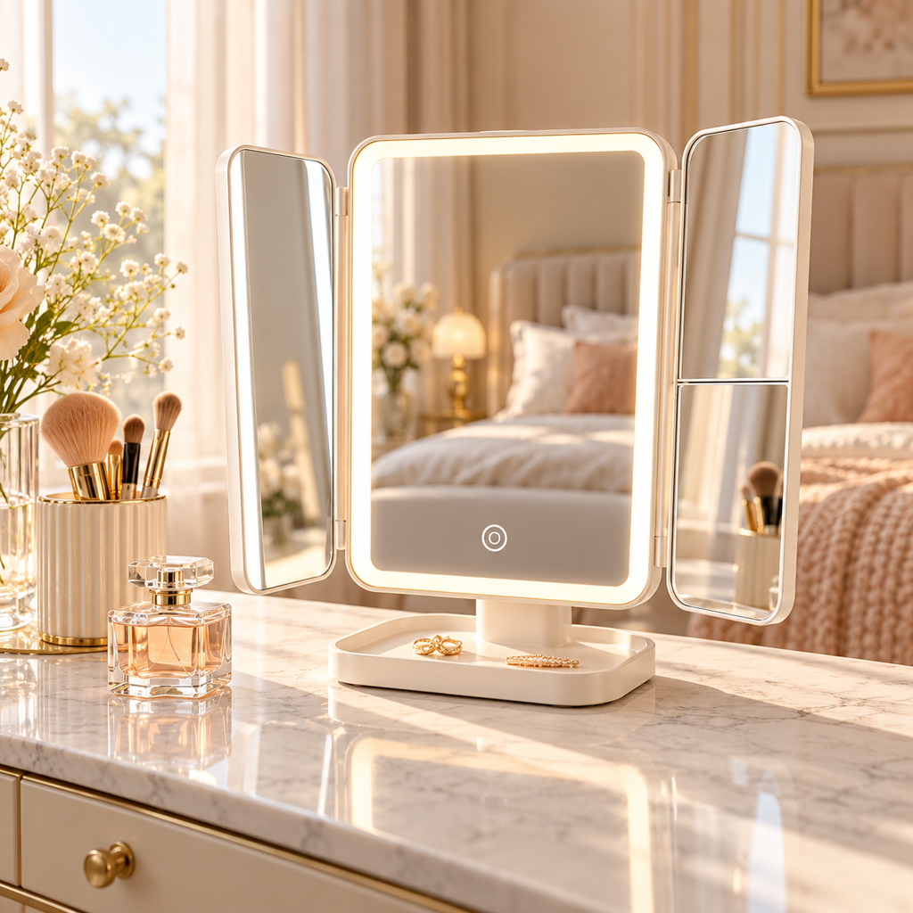 Trifold Makeup Mirror LED Lights Dorm Dressing Mirror Beauty Light