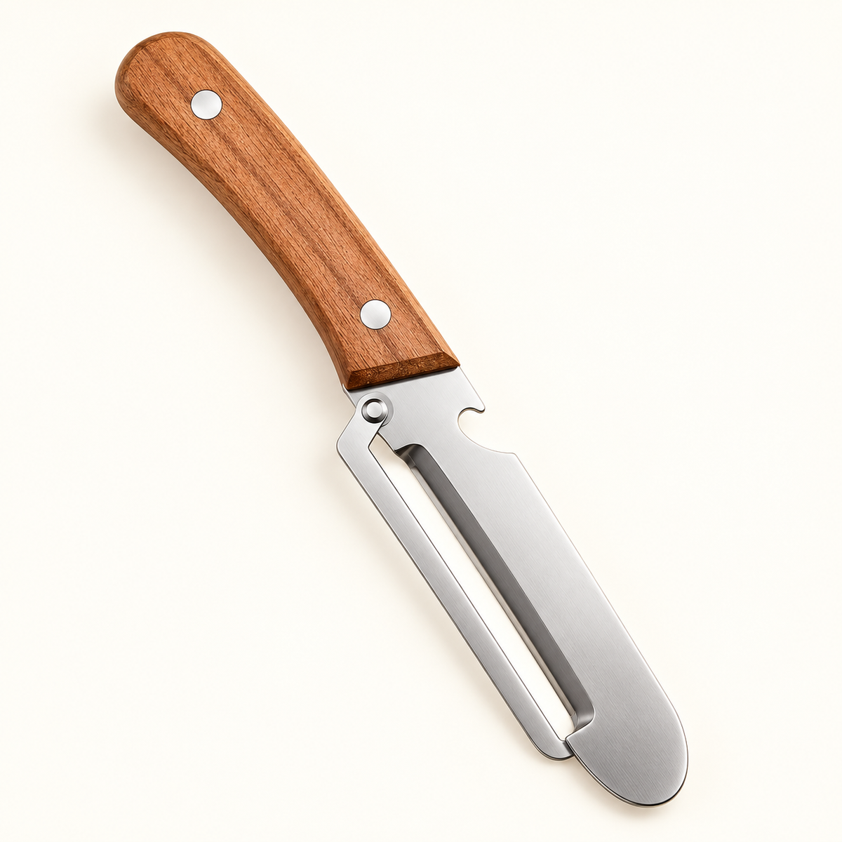 Multi-Functional Vegetable Peeler with Wooden Handle and Bottle Opener