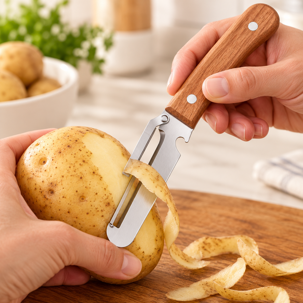 Multi-Functional Vegetable Peeler with Wooden Handle and Bottle Opener