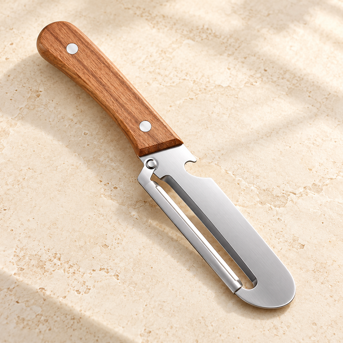 Multi-Functional Vegetable Peeler with Wooden Handle and Bottle Opener